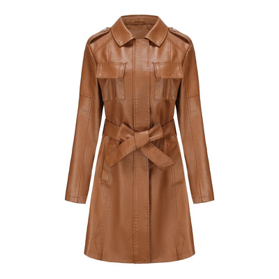 Red PU Leather Waist Lace-Up Long Jacket - Women's Fashion Overcoat