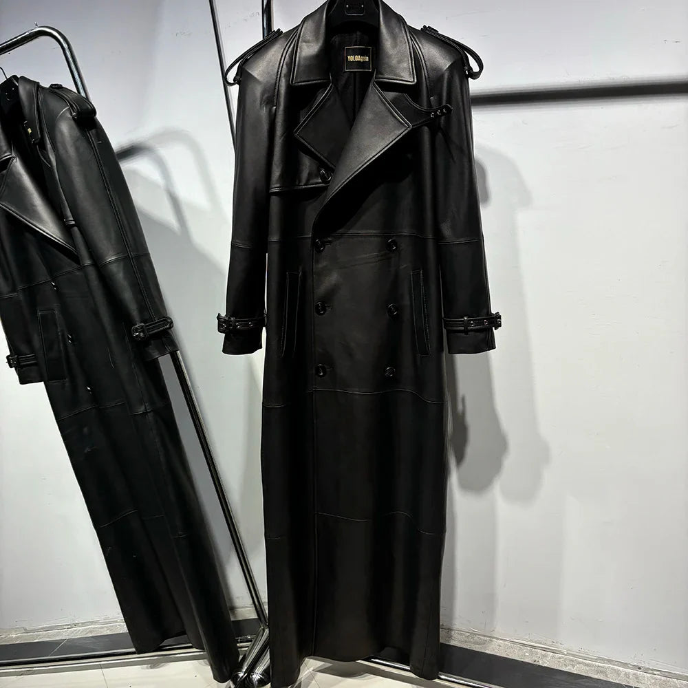 Long Real Leather Trench Coat for Women - Double Breasted Suede