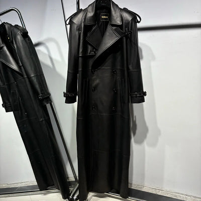 Long Real Leather Trench Coat for Women - Double Breasted Suede