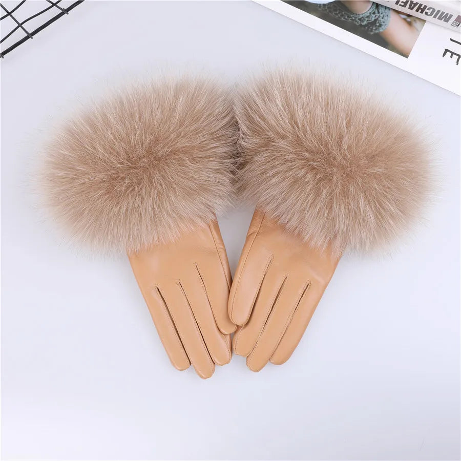 Sheepskin Leather Gloves with Fox Fur Trim – Women's Winter Mittens