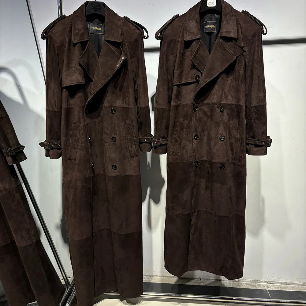 Long Real Leather Trench Coat for Women - Double Breasted Suede