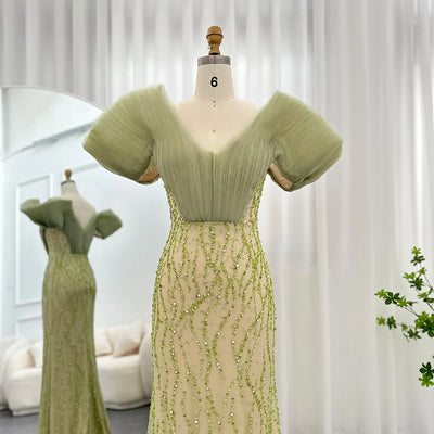 Luxury Dubai Sage Green Mermaid Evening Dress - Off Shoulder Formal Party Gown
