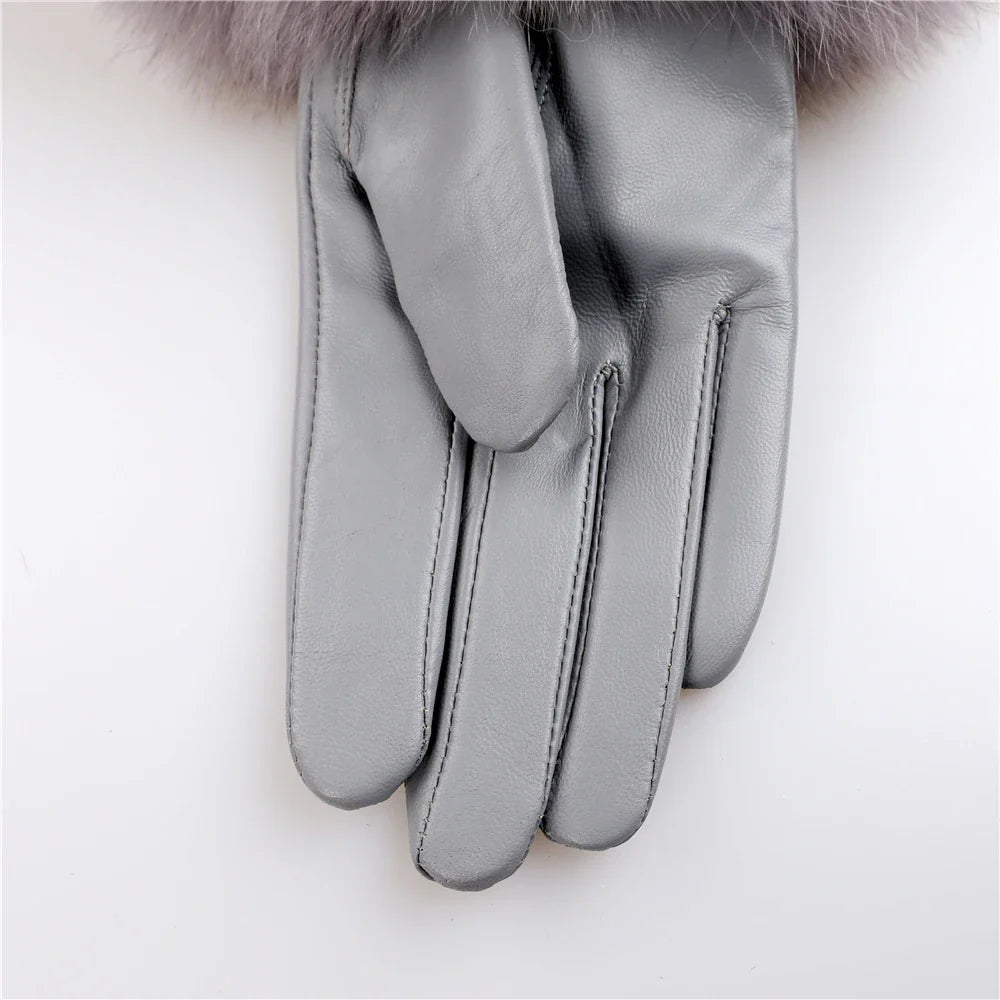 Sheepskin Leather Gloves with Fox Fur Trim – Women's Winter Mittens
