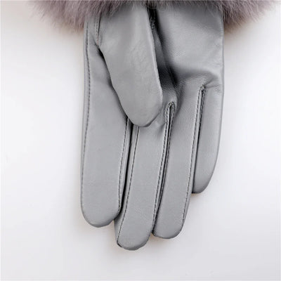 Sheepskin Leather Gloves with Fox Fur Trim – Women's Winter Mittens