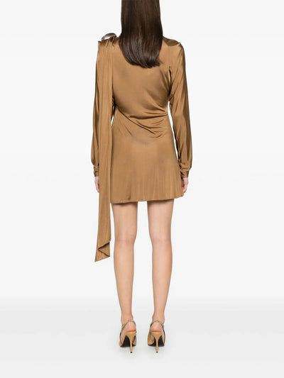 Solid Patchwork Ruffles Mini Dress for Women, Stand Collar, Asymmetrical Slimming Design