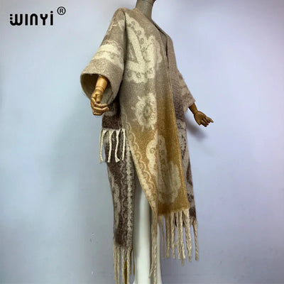 Winter Coat for Women - Luxury Cashew Print Long Overcoat with Tassels
