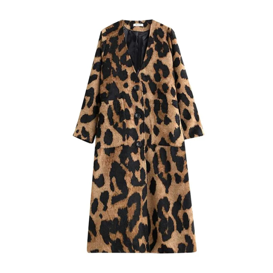 Fashionable Leopard Print Trench Coat | V-Neck, Loose Fit
