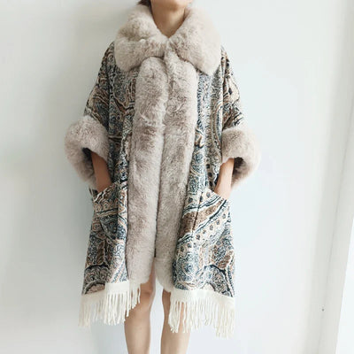 Soft Warm Wool Blend Cape Coat with Faux Fur and Tassels for Women