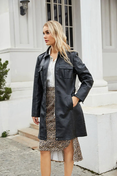 Red PU Leather Waist Lace-Up Long Jacket - Women's Fashion Overcoat