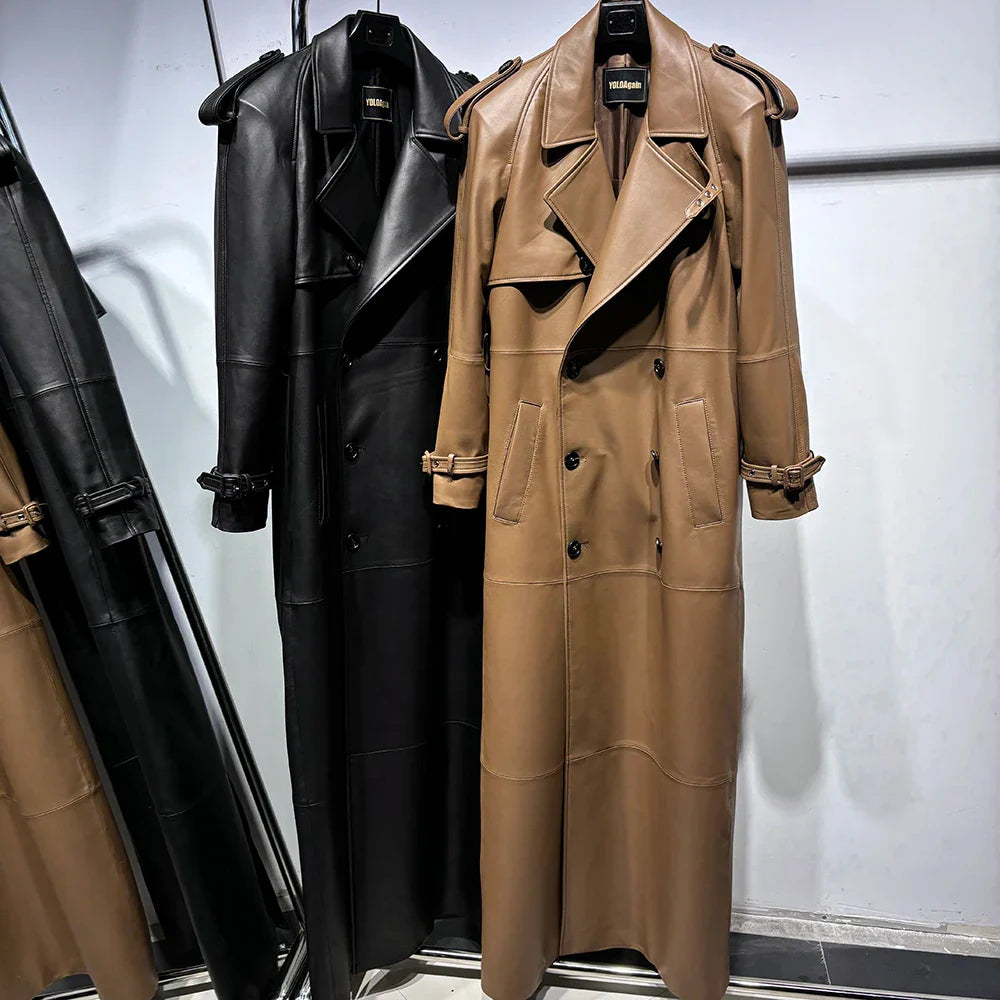 Long Real Leather Trench Coat for Women - Double Breasted Suede