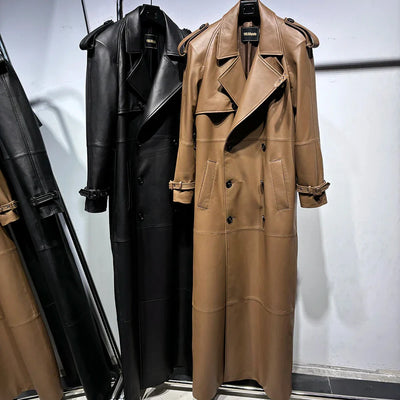 Long Real Leather Trench Coat for Women - Double Breasted Suede