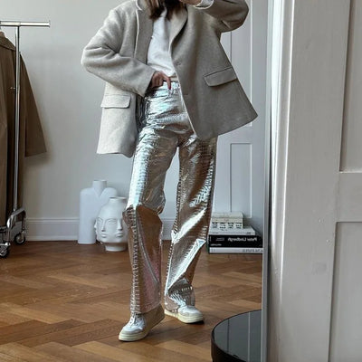High Waisted Baggy PU Pants | Silver & Gold Loose Trousers