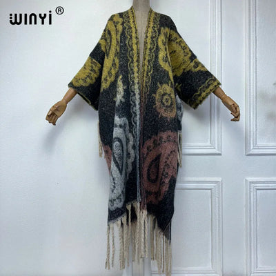 Winter Coat for Women - Luxury Cashew Print Long Overcoat with Tassels