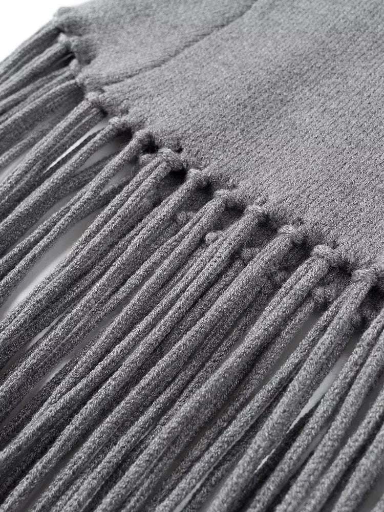 Solid Fringe Knitted Pullover Cloak for Women | Turtleneck Sleeveless Pullover
