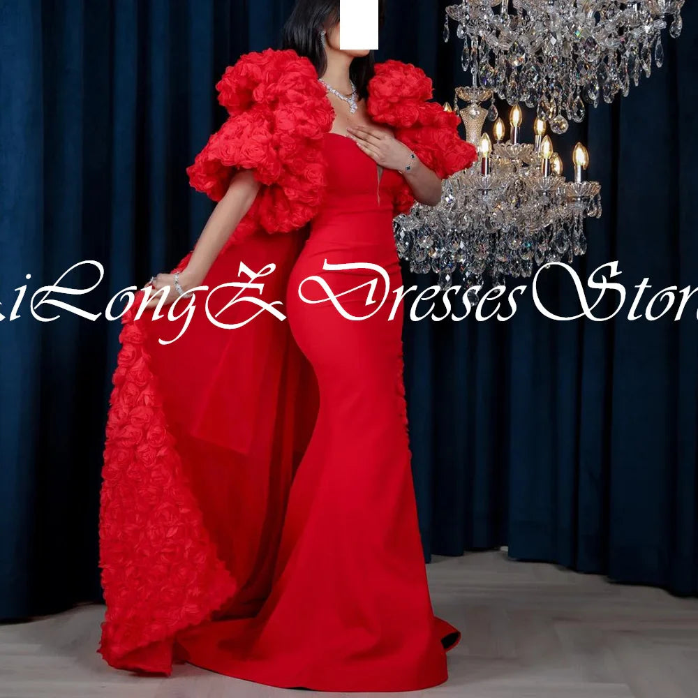 Luxury 3D Flower V-Neck Evening Dress with Sweep Train | Custom Size Available