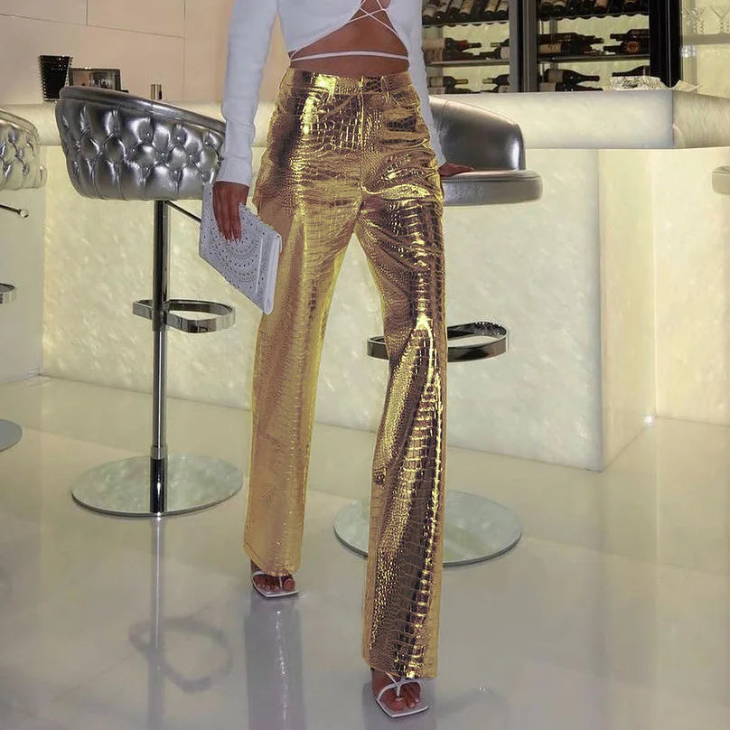 High Waisted Baggy PU Pants | Silver & Gold Loose Trousers