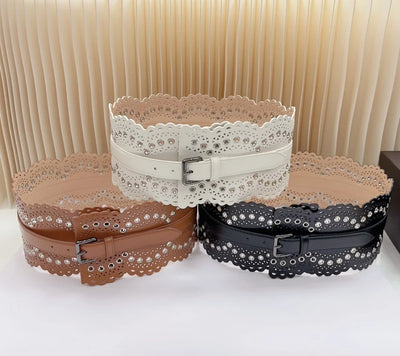 12 CM Wide Hollow Pattern Pin Buckle Waist Belt - Handmade Luxury Accessory