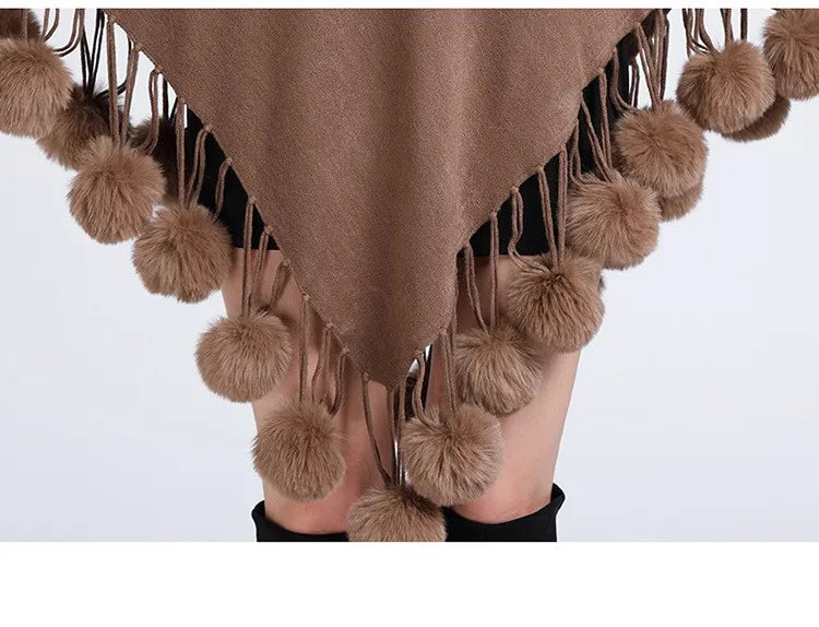 Poncho Scarf with Faux Fur Collar and Fringed Shawl