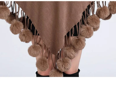 Poncho Scarf with Faux Fur Collar and Fringed Shawl