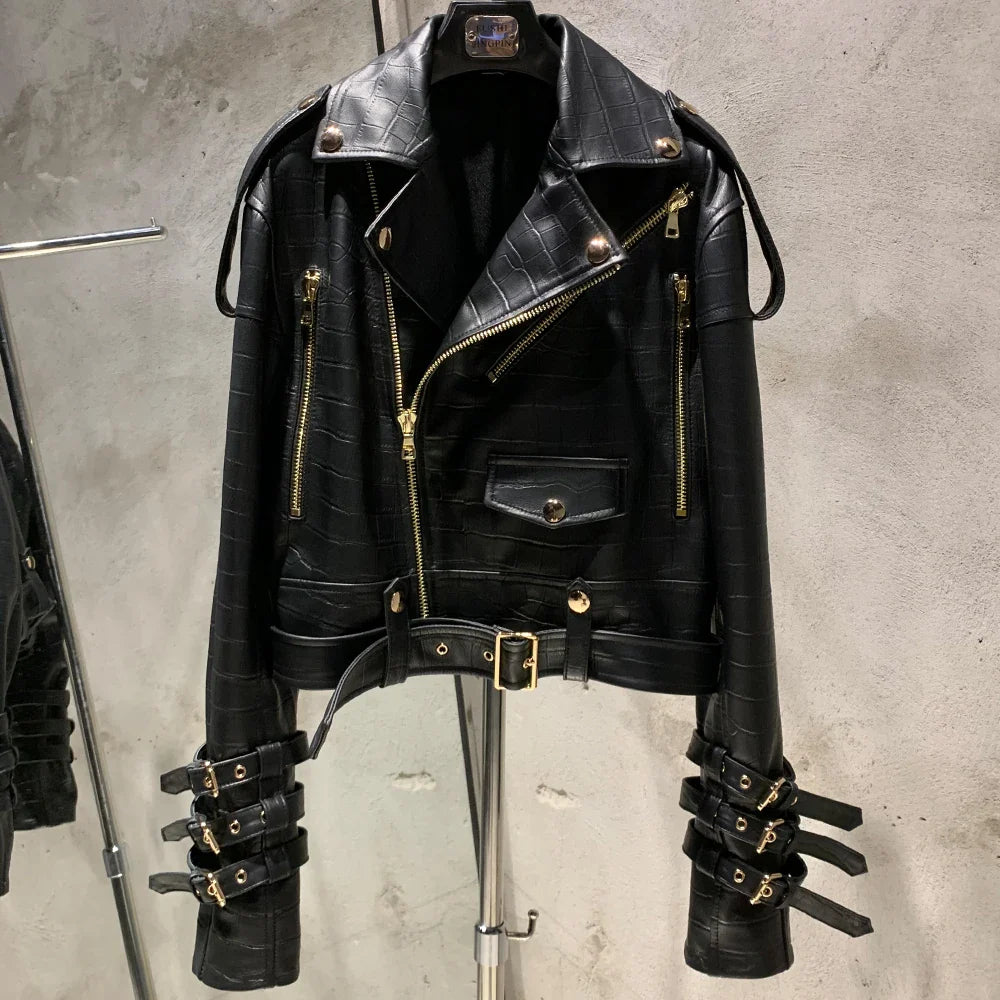 Women's Leather Belt Jacket - Real Sheepskin, Warm Autumn Coat