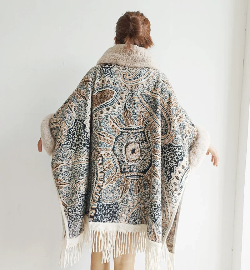 Soft Warm Wool Blend Cape Coat with Faux Fur and Tassels for Women