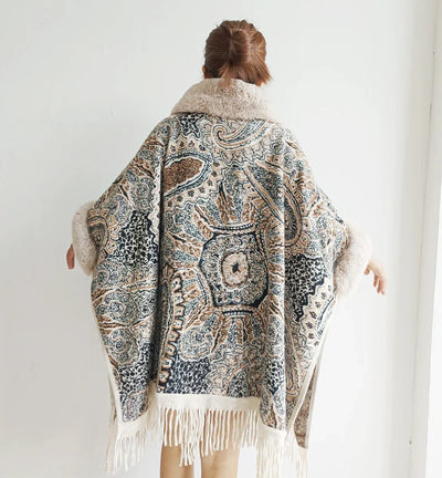 Soft Warm Wool Blend Cape Coat with Faux Fur and Tassels for Women