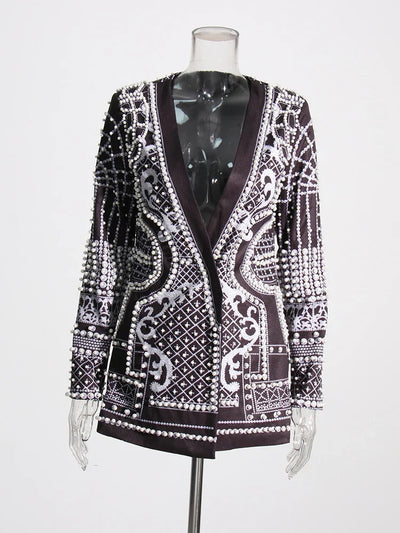 High Street Women's Blazer - V Neck, Long Sleeve, Embroidered Flares, Colorblock Design