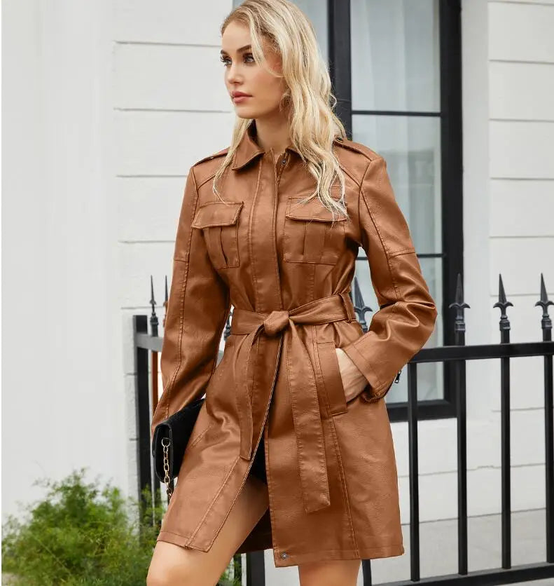 Red PU Leather Waist Lace-Up Long Jacket - Women's Fashion Overcoat