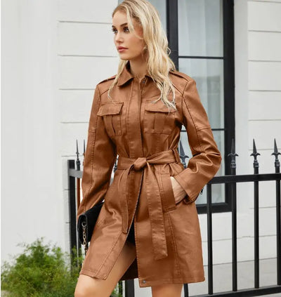 Red PU Leather Waist Lace-Up Long Jacket - Women's Fashion Overcoat