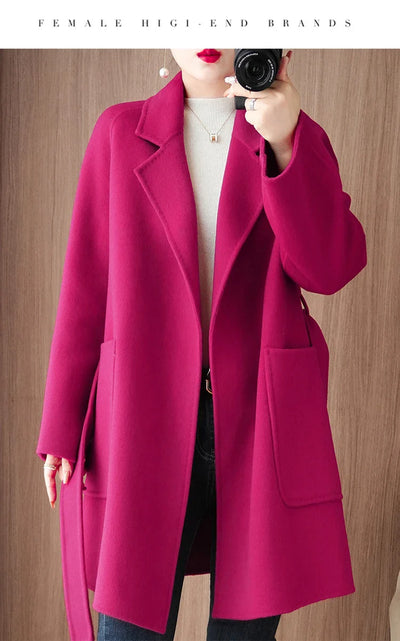 Women Double-Sided Woolen Cashmere Coat with Belt