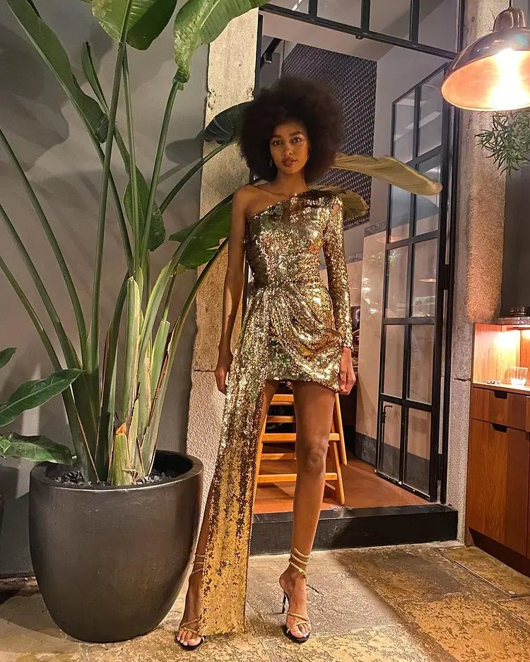 Women’s Green Pink Gold Sequined One Shoulder Party Dress
