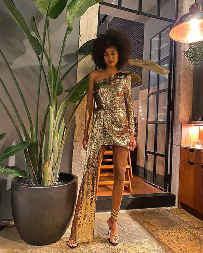 Women’s Green Pink Gold Sequined One Shoulder Party Dress