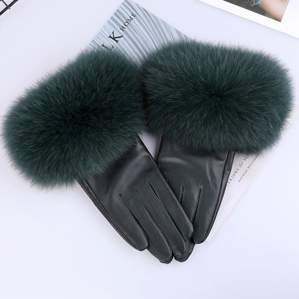 Sheepskin Leather Gloves with Fox Fur Trim – Women's Winter Mittens