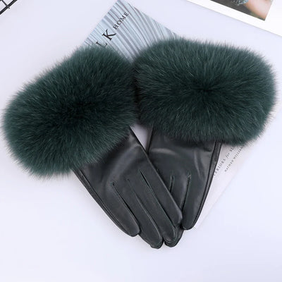 Sheepskin Leather Gloves with Fox Fur Trim – Women's Winter Mittens