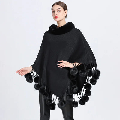 Poncho Scarf with Faux Fur Collar and Fringed Shawl