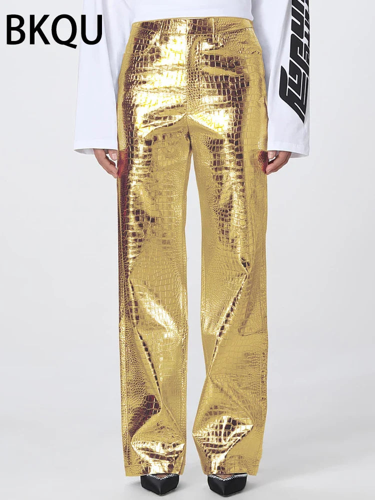 High Waisted Baggy PU Pants | Silver & Gold Loose Trousers