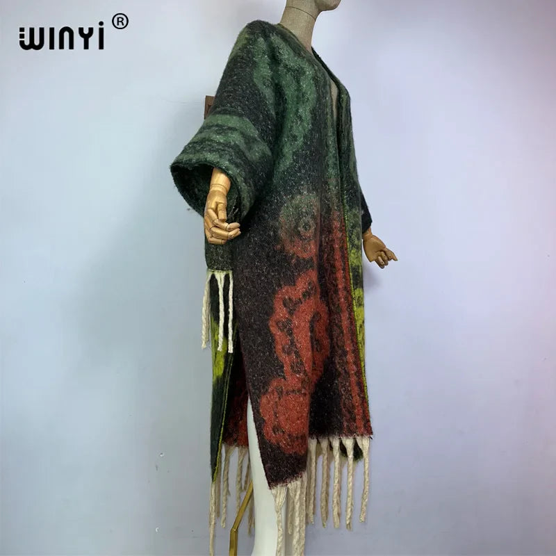 Winter Coat for Women - Luxury Cashew Print Long Overcoat with Tassels