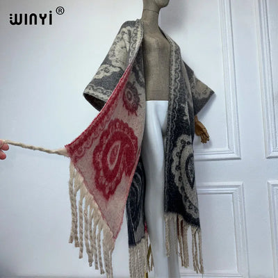 Winter Coat for Women - Luxury Cashew Print Long Overcoat with Tassels