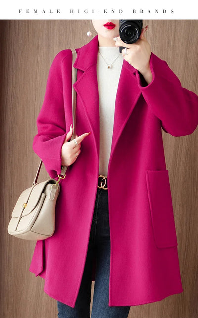Women Double-Sided Woolen Cashmere Coat with Belt