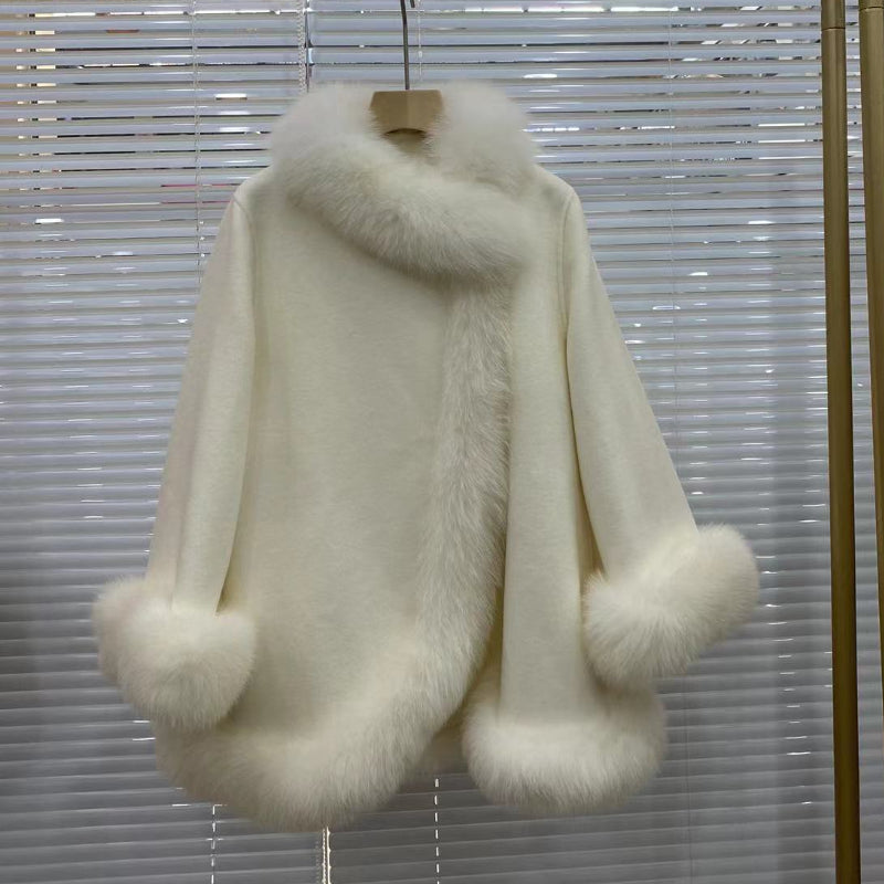 Women's Winter Real Fur Coat with Natural Fox Fur Collar and Wool Blend