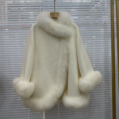 Women's Winter Real Fur Coat with Natural Fox Fur Collar and Wool Blend