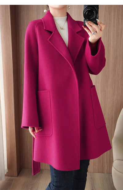 Women Double-Sided Woolen Cashmere Coat with Belt