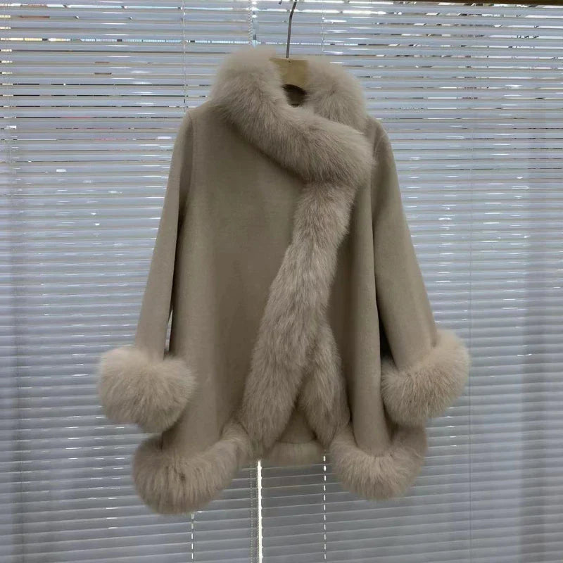 Women's Winter Real Fur Coat with Natural Fox Fur Collar and Wool Blend