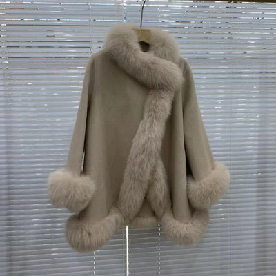 Women's Winter Real Fur Coat with Natural Fox Fur Collar and Wool Blend