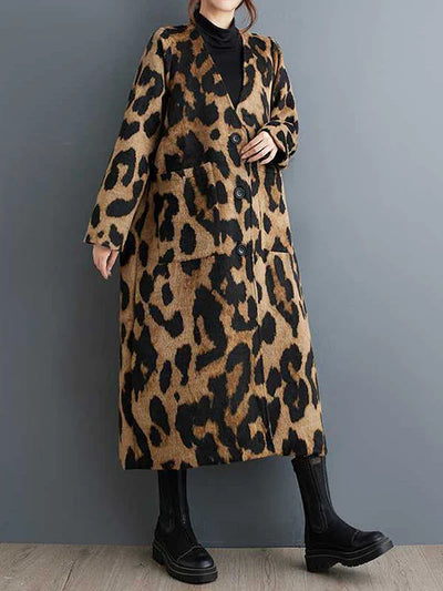 Fashionable Leopard Print Trench Coat | V-Neck, Loose Fit