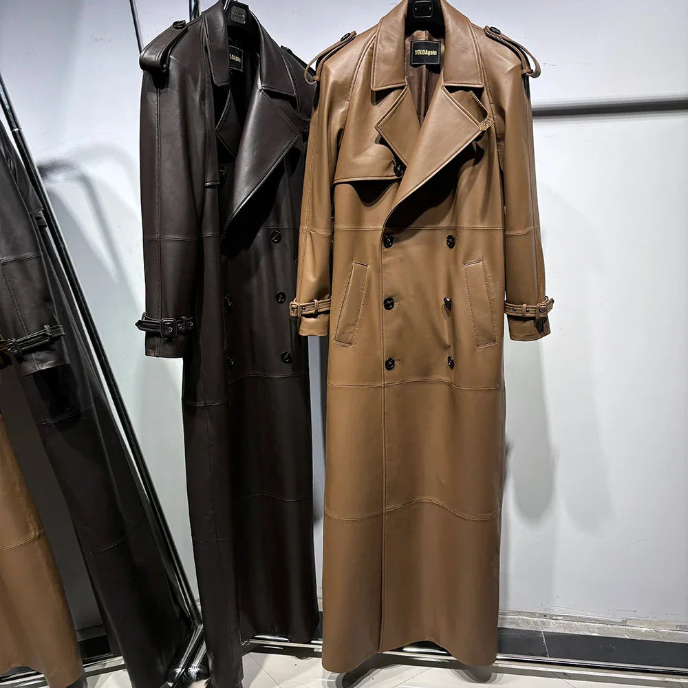Long Real Leather Trench Coat for Women - Double Breasted Suede