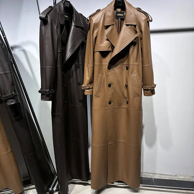 Long Real Leather Trench Coat for Women - Double Breasted Suede