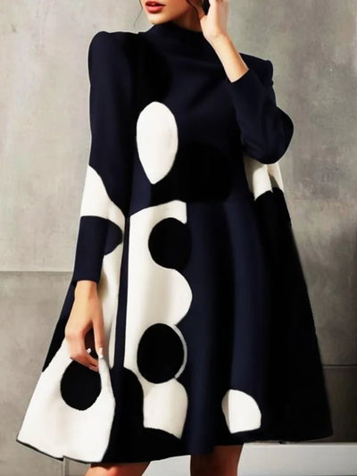 Elegant Polka-Dot High-Neck Long-Sleeve A-Line Party Dress