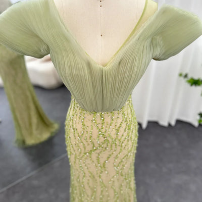 Luxury Dubai Sage Green Mermaid Evening Dress - Off Shoulder Formal Party Gown