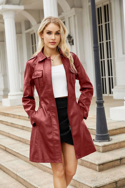 Red PU Leather Waist Lace-Up Long Jacket - Women's Fashion Overcoat
